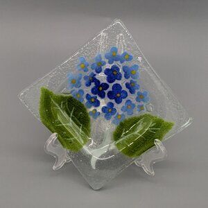 Bryant Art Glass Small Square Dish Fused Forget Me Nots Flowers North Carolina